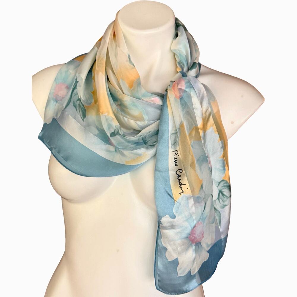 Vintage Pierre Cardin Paris Silk Scarf 34” Watercolor Floral Blue Yellow 1980s - Picture 3 of 10